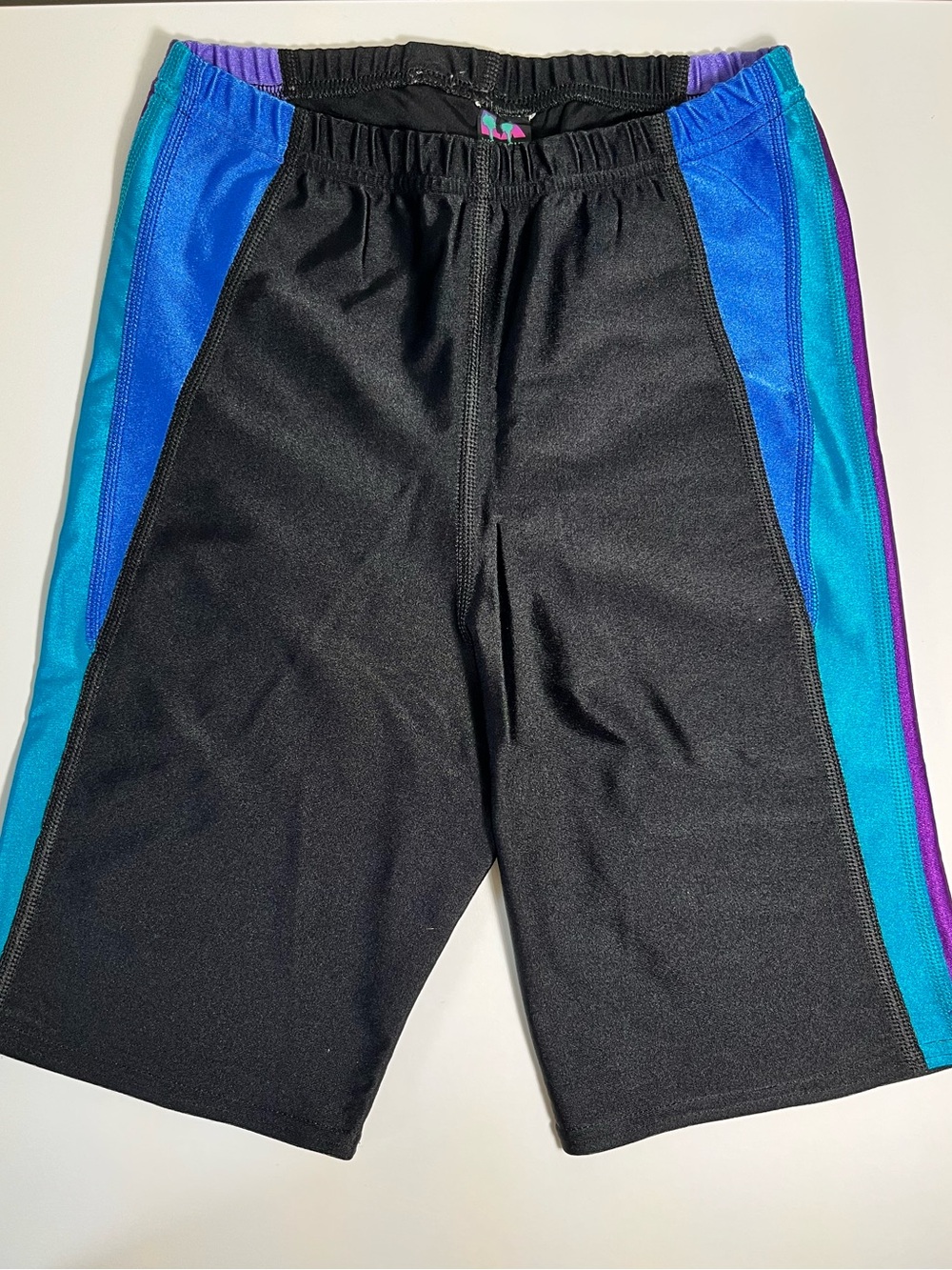 Women Vintage Athletic Black Shorts with Purple & Teal 90’ Color Block Theme
